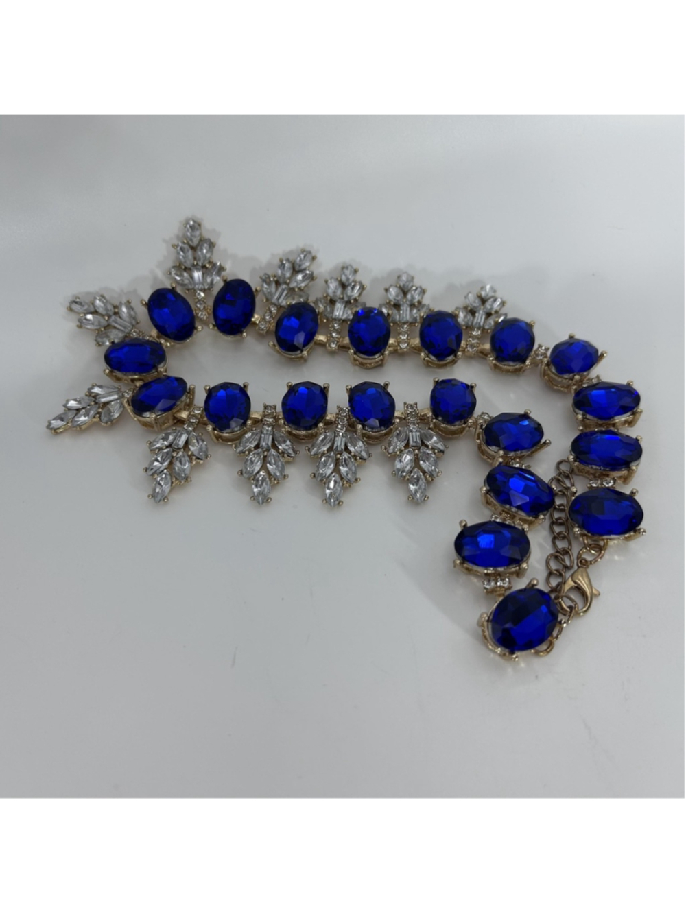 VTG Blue Rhinestone Statement Bib Necklace Gold Tone Crystal Prom Wedding Formal - Picture 11 of 12
